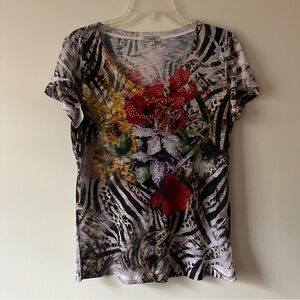 Cache Y2K Burnout V Neck T-Shirt Large Zebra Floral